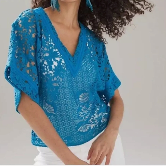 White House Black Market Ocean Blue Es Lace V-Neck Kimono Blouse - Picture 2 of 10